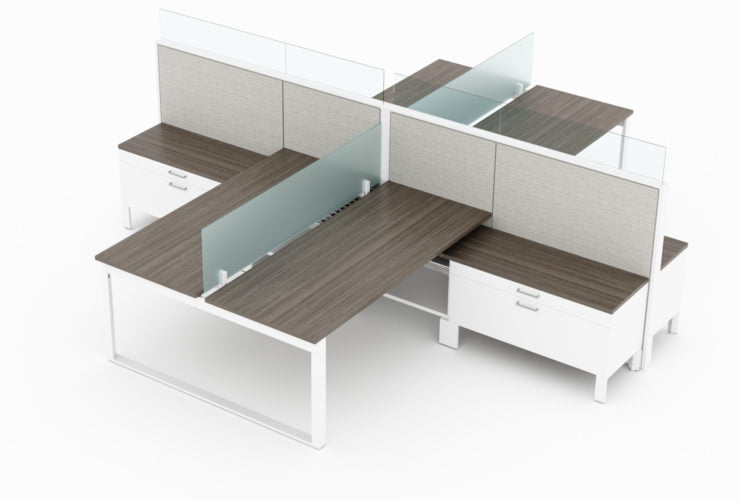 4-Person set of L-shaped workstations. Frameless Clear acrylic pieces make up the top of the partition, on one side of each workstation. Just below the main partition is a wide credenza, just under the work surface. At its side is a ledge for storing bags and purses. This is rendered on a white background. Model is EV507.