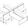 Technical drawing of Global's Evolve EV507 System, configured as a pair of facing cubicles (4-pack). A clear screen separates each facing station, and has a credenza on the neighboring sidewall.
