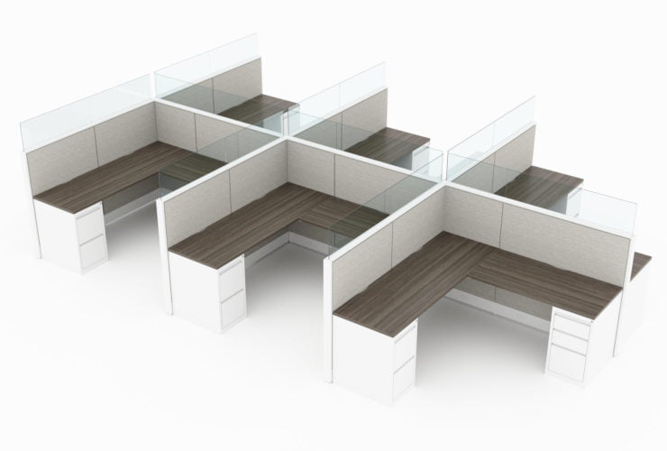 6-Person set of L-shaped workstations. Frameless glass pieces are featured on the top and side partitions. Two sets of supply drawers are placed at each end of each work station. of the partition. This is rendered on a white background. Model is EV510.