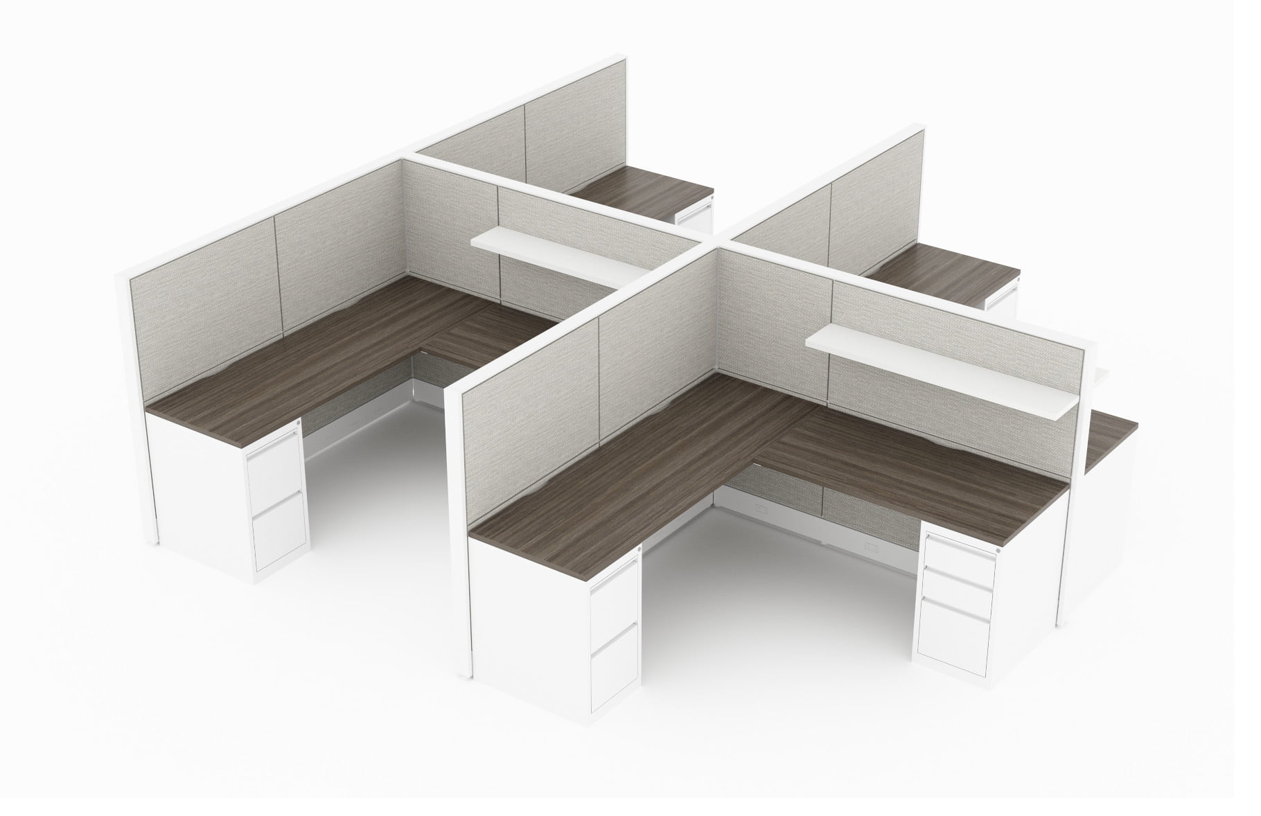 4-Person set of L-shaped workstations, with end paneling. Mobile pedestal drawers are underneath each side of each work area. A small wide shelf is mounted on the paneling that separates facing workstations. It is rendered on a white background. Model is EV511.