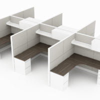 6-Person set of L-shaped workstations, with a beveled style on the inner corner. A single shelf is just above, with a cabinet as part of its right side. Mobile pedestal drawers are underneath each side of each work area. This is rendered on a white background. Model is EV512.