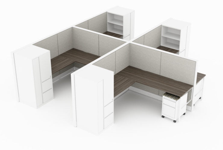 4-Person set of L-shaped workstations, with a tall cabinet at the outer edge. Two shelves face to the user. A rolling pair of drawers is placed opposite. It is rendered on a white background. Model is EV513.