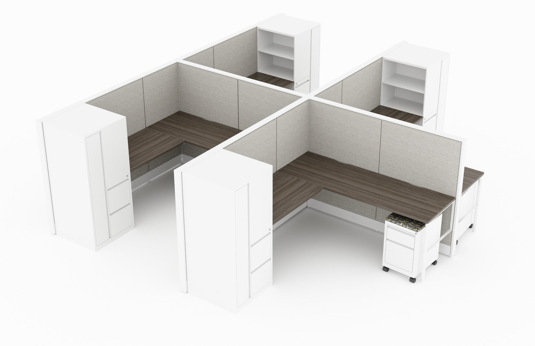 4-Person set of L-shaped workstations, with a tall cabinet at the outer edge. Two shelves face to the user. A rolling pair of drawers is placed opposite. It is rendered on a white background. Model is EV513.