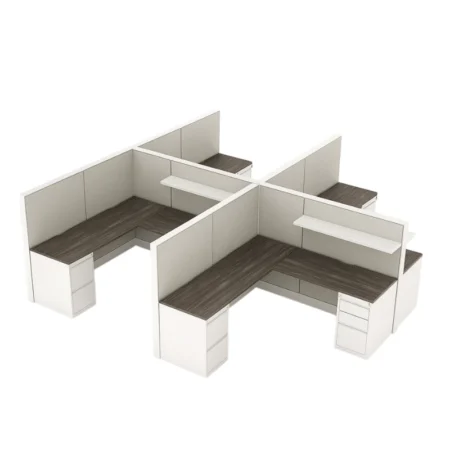 Evolve Private 4-Person Workspace in 2 Double Rows, Modular Cubicles with Shelving - EV511