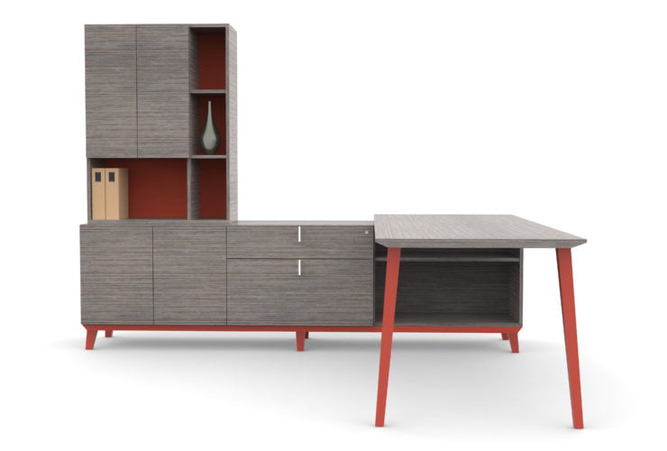 grey executive desk with red accents