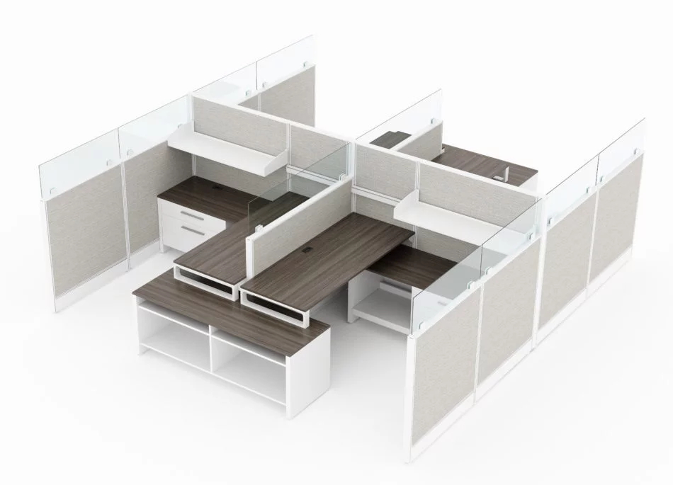 4-Person set of L-shaped workstations, with high paneling, end to end. Each station is partially enclosed, with a small work area placed on the back wall. At the front, is a pair of neighboring credenzas. Model is CM504.