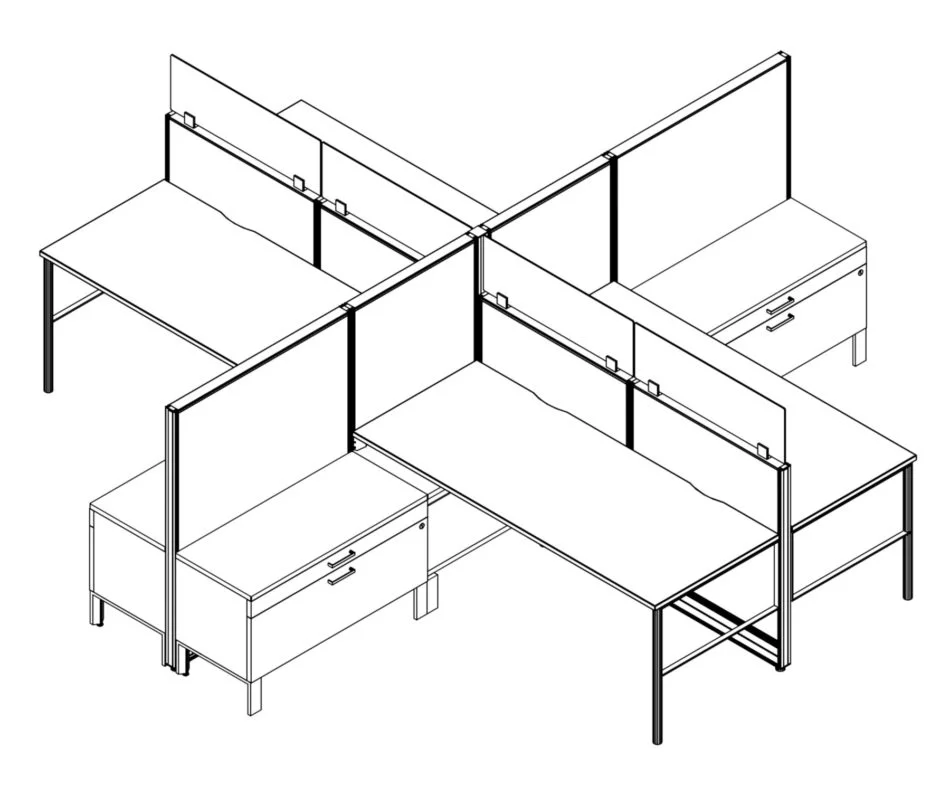 Technical drawing of the Compile CM507 4-Pack of work stations. Each station has a set of space dividers. To one side is a wide filing drawer, with a slim supply drawer just above.