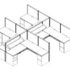Technical drawing of the Compile CM511 4-Pack of work stations. Each station is partially enclosed, with a small shelf above each workstation. On each side is a set of drawers, for storing files and supplies.