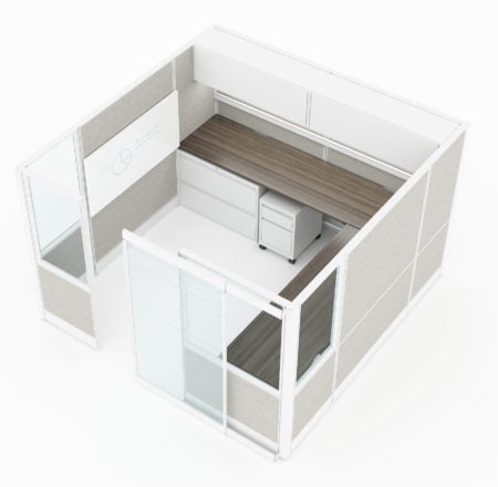 Full 8x8 foot cubicle, set as a manager and group workspace. Desking is placed along two walls, with a wide set of filing drawers on one side. A frosted acrylic door is slid to the right, for people to enter. Model is CM519.