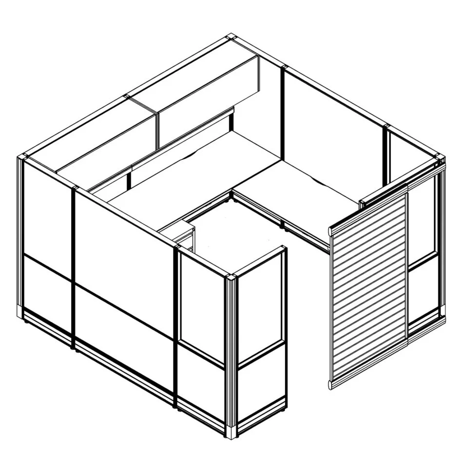 Technical drawing of the Compile CM519 Cubicle. This enclosed cubicle can hold a small team. It contains a small L shaped desk, and has set of supply drawers underneath. Additional storage exists above with two swing out doors. A door to the left can slide open.