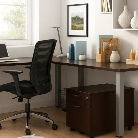 Offices to Go OTG L-Shape Laminate Office Desk with Box/File Mobile Cabinet and Ergo Office Chair OTG11686B
