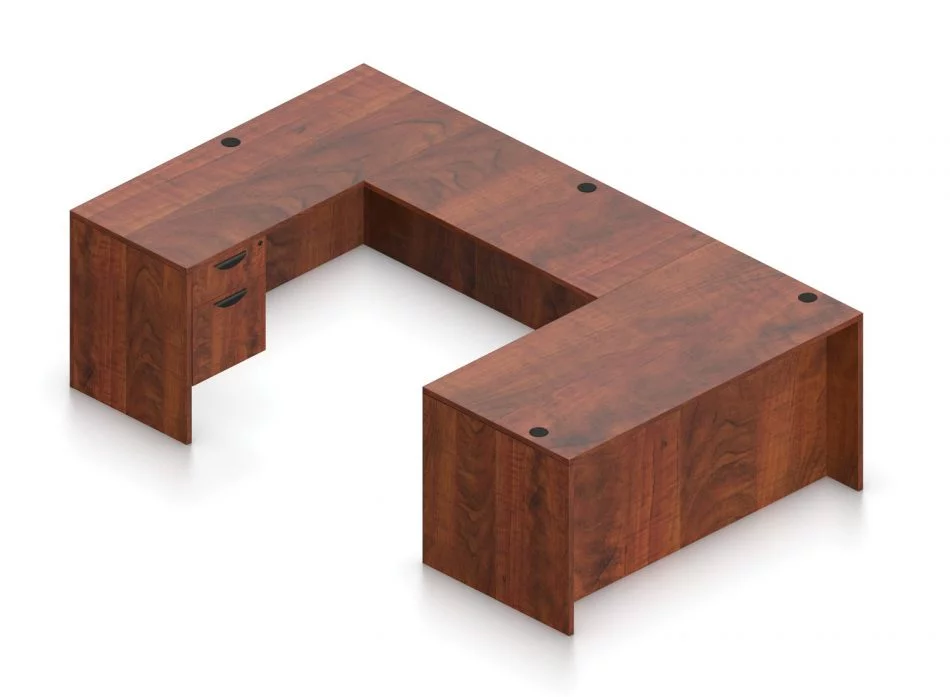 Orthographic view of an Offices to Go set of desking, using Layout B. This set consists of a 66" wide desk and a matching width credenza. A 42" wide bridge spans between them. On each side of the desk and credenza, a hanging file drawer is placed on the outside of the layout. This layout is shown here in an American Dark Cherry finish.