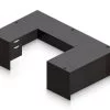 Orthographic view of an Offices to Go set of desking, using Layout B. This set consists of a 66" wide desk and a matching width credenza. A 42" wide bridge spans between them. On each side of the desk and credenza, a hanging file drawer is placed on the outside of the layout. This layout is shown here in an American Espresso finish.