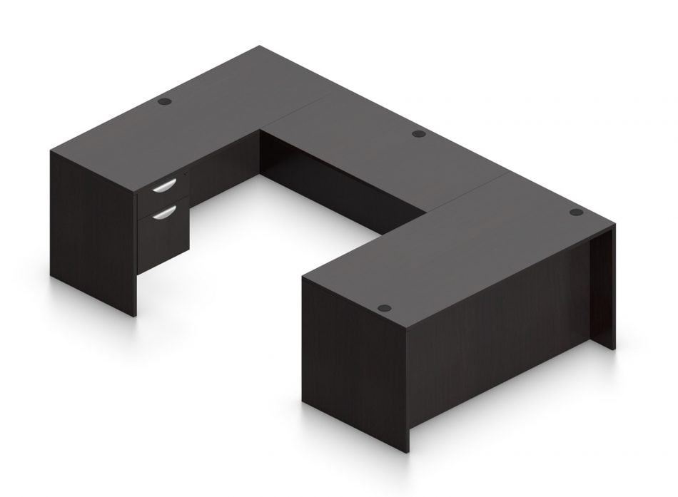 Orthographic view of an Offices to Go set of desking, using Layout B. This set consists of a 66" wide desk and a matching width credenza. A 42" wide bridge spans between them. On each side of the desk and credenza, a hanging file drawer is placed on the outside of the layout. This layout is shown here in an American Espresso finish.