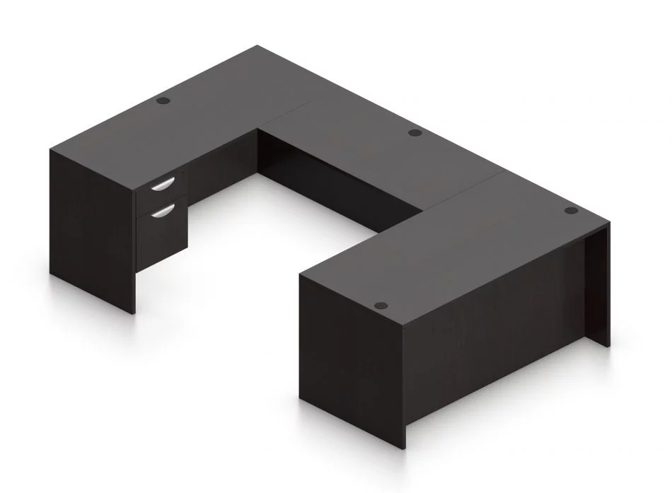 Orthographic view of an Offices to Go set of desking, using Layout B. This set consists of a 66" wide desk and a matching width credenza. A 42" wide bridge spans between them. On each side of the desk and credenza, a hanging file drawer is placed on the outside of the layout. This layout is shown here in an American Espresso finish.