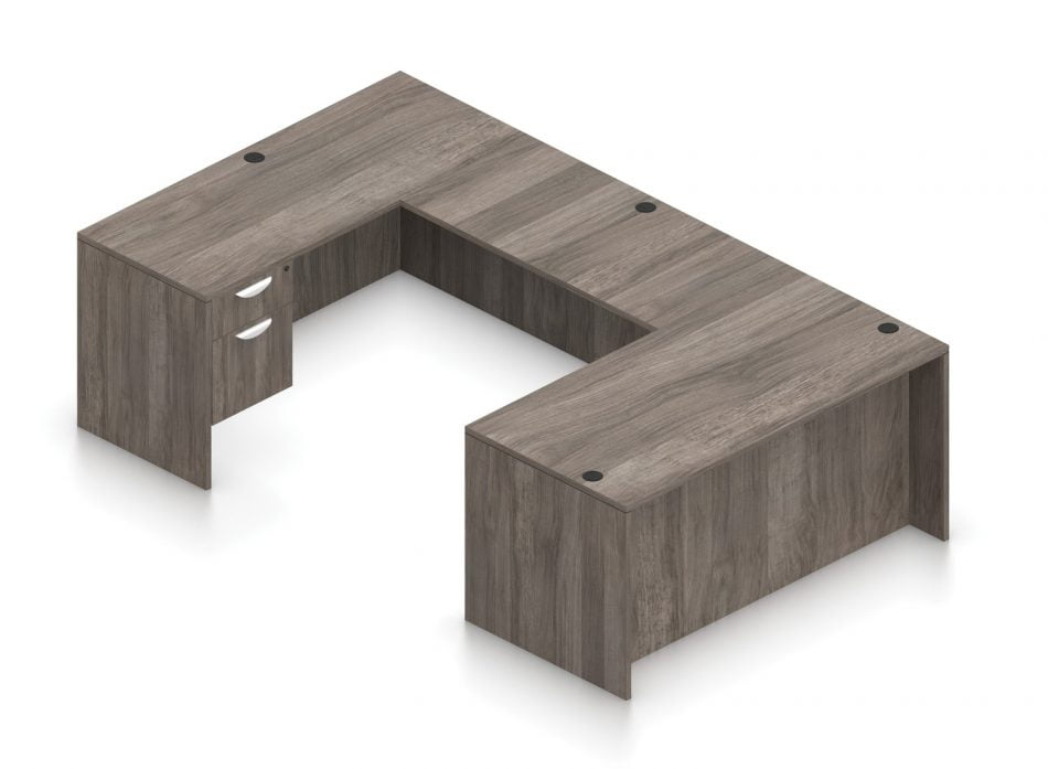 Orthographic view of an Offices to Go set of desking, using Layout B. This set consists of a 66" wide desk and a matching width credenza. A 42" wide bridge spans between them. On each side of the desk and credenza, a hanging file drawer is placed on the outside of the layout. This layout is shown here in an Artisan Grey finish.