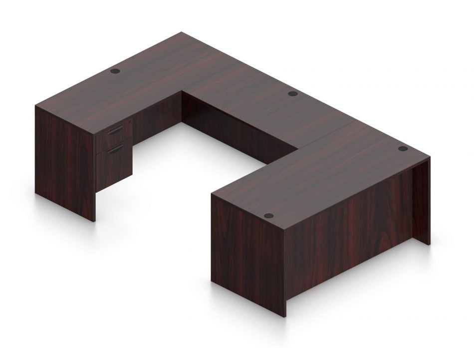 Orthographic view of an Offices to Go set of desking, using Layout B. This set consists of a 66" wide desk and a matching width credenza. A 42" wide bridge spans between them. On each side of the desk and credenza, a hanging file drawer is placed on the outside of the layout. This layout is shown here in an American Mahogany finish.