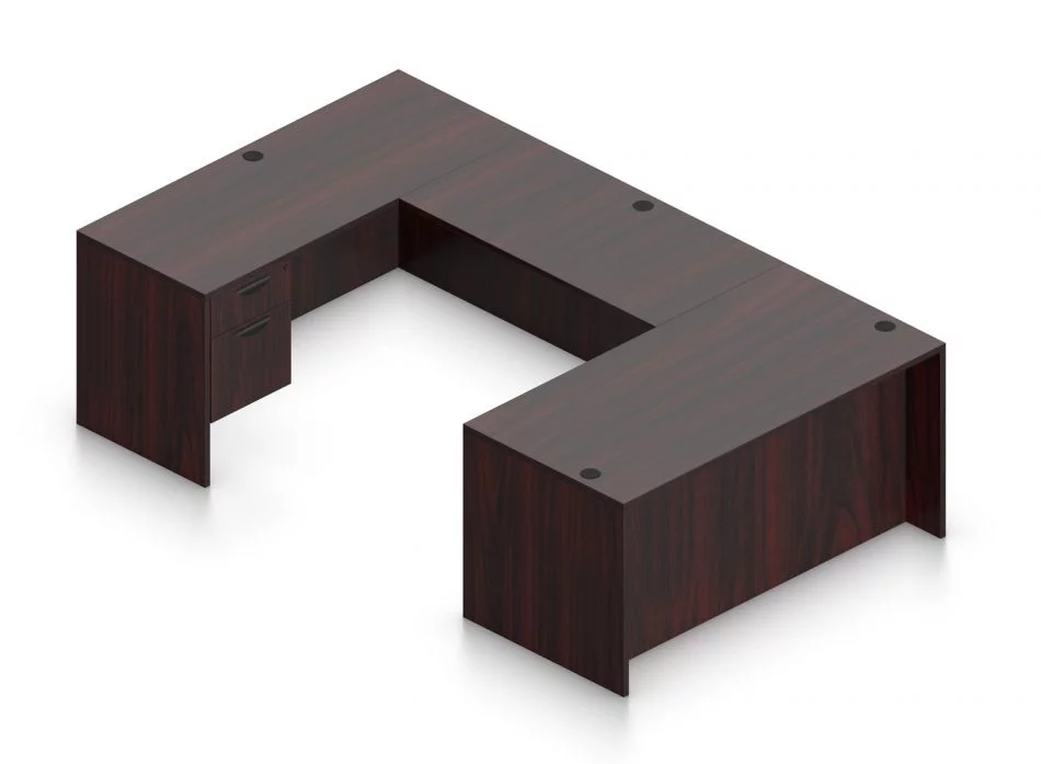Orthographic view of an Offices to Go set of desking, using Layout B. This set consists of a 66" wide desk and a matching width credenza. A 42" wide bridge spans between them. On each side of the desk and credenza, a hanging file drawer is placed on the outside of the layout. This layout is shown here in an American Mahogany finish.