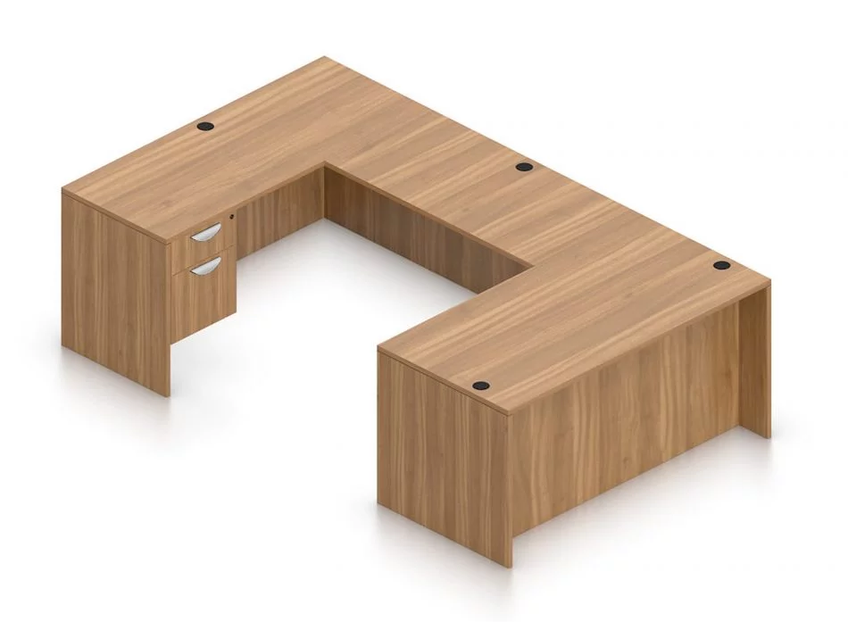 Orthographic view of an Offices to Go set of desking, using Layout B. This set consists of a 66" wide desk and a matching width credenza. A 42" wide bridge spans between them. On each side of the desk and credenza, a hanging file drawer is placed on the outside of the layout. This layout is shown here in an Autumn Walnut finish.