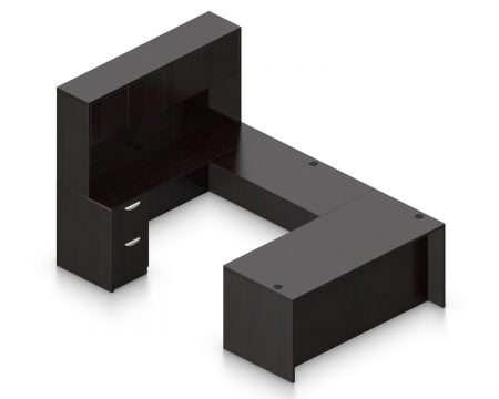 Orthographic view of an Offices to Go set of desking, using Layout B. This set consists of a 71" desk and a matching width credenza, with a 48" bridge spanning in between. A 71" Hutch rests atop the one side, providing storage in addition to the pedestal drawer set below. On the right side of the set is a second pair of lockable pedestal drawers. Layout B is shown here in an American Espresso finish.