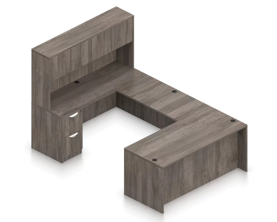 Orthographic view of an Offices to Go set of desking, using Layout B. This set consists of a 71" desk and a matching width credenza, with a 48" bridge spanning in between. A 71" Hutch rests atop the one side, providing storage in addition to the pedestal drawer set below. On the right side of the set is a second pair of lockable pedestal drawers. Layout B is shown here in an Artisan Grey finish.