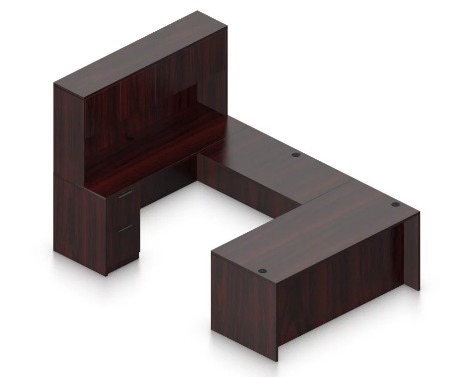 Orthographic view of an Offices to Go set of desking, using Layout B. This set consists of a 71" desk and a matching width credenza, with a 48" bridge spanning in between. A 71" Hutch rests atop the one side, providing storage in addition to the pedestal drawer set below. On the right side of the set is a second pair of lockable pedestal drawers. Layout B is shown here in an American Mahogany finish.