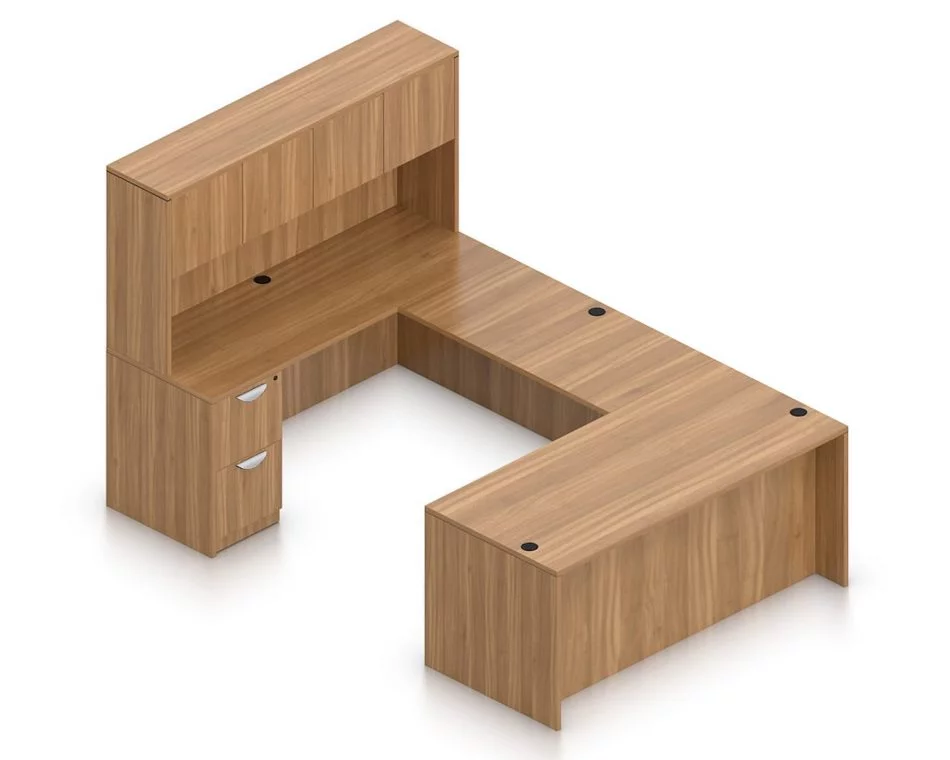 Orthographic view of an Offices to Go set of desking, using Layout B. This set consists of a 71" desk and a matching width credenza, with a 48" bridge spanning in between. A 71" Hutch rests atop the one side, providing storage in addition to the pedestal drawer set below. On the right side of the set is a second pair of lockable pedestal drawers. Layout B is shown here in an Autumn Walnut finish.