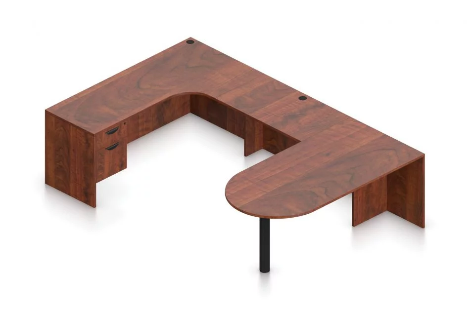 Orthographic view of an Offices to Go set of desking, using Layout E. This set consists of a 71" D-shape, held up by a thick post. On the opposite side is a matching 71" Credenza with corner extension. Below is a pair of hanging file drawers, with a top lock. A 42 inch extension bridges between the two. Layout is shown here in an American Dark Cherry finish.