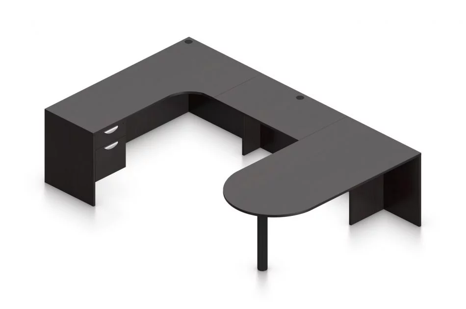 Orthographic view of an Offices to Go set of desking, using Layout E. This set consists of a 71" D-shape, held up by a thick post. On the opposite side is a matching 71" Credenza with corner extension. Below is a pair of hanging file drawers, with a top lock. A 42 inch extension bridges between the two. Layout is shown here in an American Espresso finish.