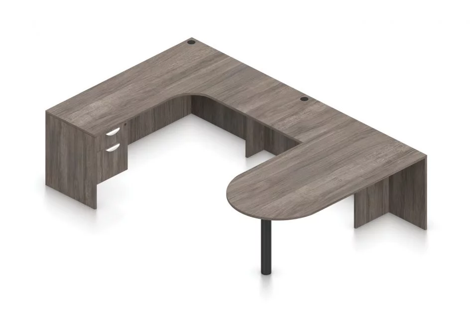 Orthographic view of an Offices to Go set of desking, using Layout E. This set consists of a 71" D-shape, held up by a thick post. On the opposite side is a matching 71" Credenza with corner extension. Below is a pair of hanging file drawers, with a top lock. A 42 inch extension bridges between the two. Layout is shown here in an Artisan Grey finish.