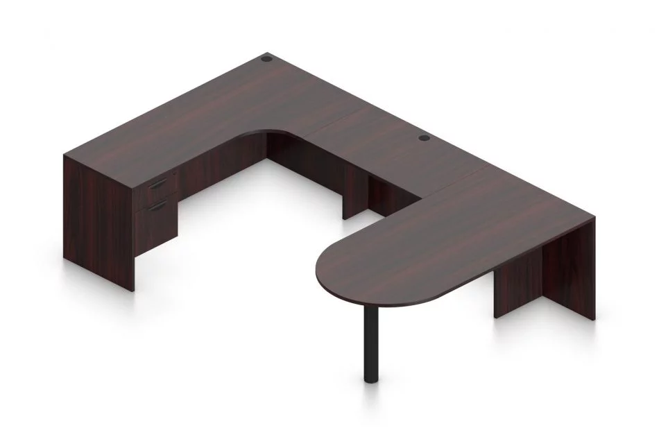 Orthographic view of an Offices to Go set of desking, using Layout E. This set consists of a 71" D-shape, held up by a thick post. On the opposite side is a matching 71" Credenza with corner extension. Below is a pair of hanging file drawers, with a top lock. A 42 inch extension bridges between the two. Layout is shown here in an American Mahogany finish.