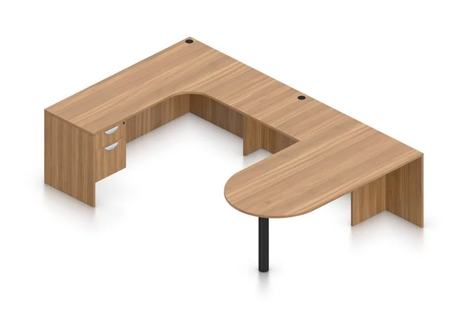 Orthographic view of an Offices to Go set of desking, using Layout E. This set consists of a 71" D-shape, held up by a thick post. On the opposite side is a matching 71" Credenza with corner extension. Below is a pair of hanging file drawers, with a top lock. A 42 inch extension bridges between the two. Layout is shown here in an Autumn Walnut finish.