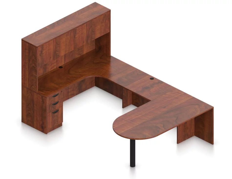 OTG Superior Laminates Layout F Orthographic View - American Dark Cherry Finish Orthographic view of an Offices to Go set of desking, using Layout F. This set consists of a 71" D-shape, held up by a thick post. On the opposite side is a matching 71" Credenza with corner extension, and a two door hutch attached above. A 42 inch extension bridges between the two. On the hutch side is a set of three pedestal drawers, with a lock upon the top. The set is shown here in an American Dark Cherry finish.