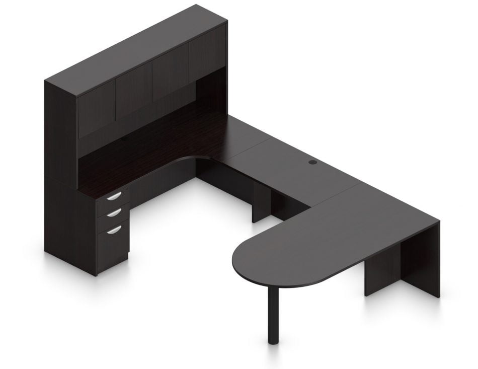 Orthographic view of an Offices to Go set of desking, using Layout F. This set consists of a 71" D-shape, held up by a thick post. On the opposite side is a matching 71" Credenza with corner extension, and a two door hutch attached above. A 42 inch extension bridges between the two. On the hutch side is a set of three pedestal drawers, with a lock upon the top. The set is shown here in an American Espresso finish.