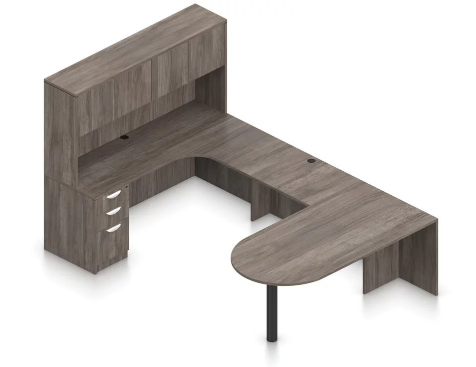 OTG Superior Laminates Layout F Orthographic View - Artisan Grey Finish Orthographic view of an Offices to Go set of desking, using Layout F. This set consists of a 71" D-shape, held up by a thick post. On the opposite side is a matching 71" Credenza with corner extension, and a two door hutch attached above. A 42 inch extension bridges between the two. On the hutch side is a set of three pedestal drawers, with a lock upon the top. The set is shown here in an Artisan Grey finish.