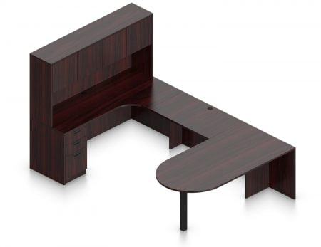 Orthographic view of an Offices to Go set of desking, using Layout F. This set consists of a 71" D-shape, held up by a thick post. On the opposite side is a matching 71" Credenza with corner extension, and a two door hutch attached above. A 42 inch extension bridges between the two. On the hutch side is a set of three pedestal drawers, with a lock upon the top. The set is shown here in an American Mahogany finish.