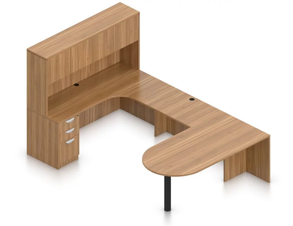 OTG Superior Laminates Layout F Orthographic View - Autumn Walnut Finish Orthographic view of an Offices to Go set of desking, using Layout F. This set consists of a 71" D-shape, held up by a thick post. On the opposite side is a matching 71" Credenza with corner extension, and a two door hutch attached above. A 42 inch extension bridges between the two. On the hutch side is a set of three pedestal drawers, with a lock upon the top. The set is shown here in an Autumn Walnut finish.