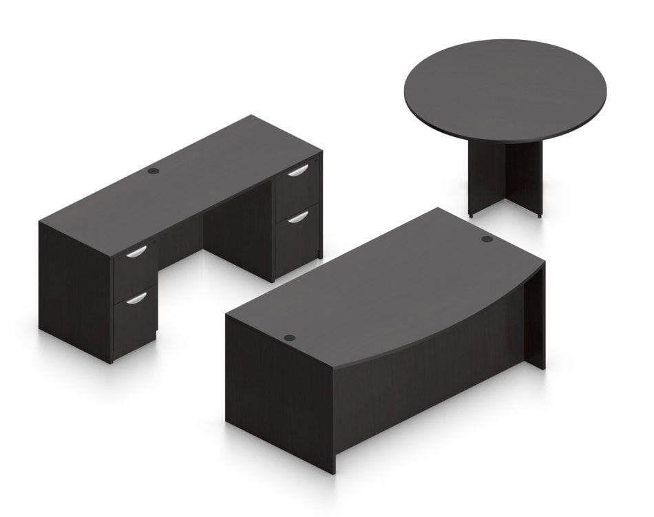 Orthographic view of an Offices to Go set of desks and tables, using Layout G. This set consists of a 71" bowed front style desk and a 48" round table to the side. A pair of file drawers are at each side, within a credenza at the back. This set is shown with the American Espresso laminate finish.