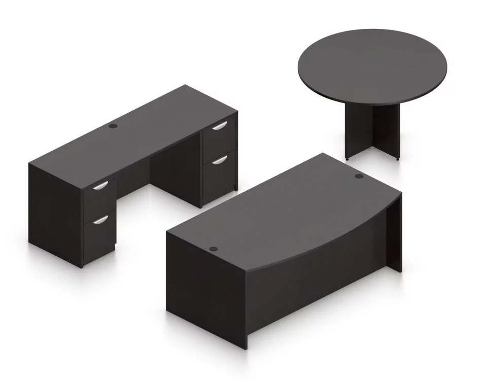 Orthographic view of an Offices to Go set of desks and tables, using Layout G. This set consists of a 71" bowed front style desk and a 48" round table to the side. A pair of file drawers are at each side, within a credenza at the back. This set is shown with the American Espresso laminate finish.