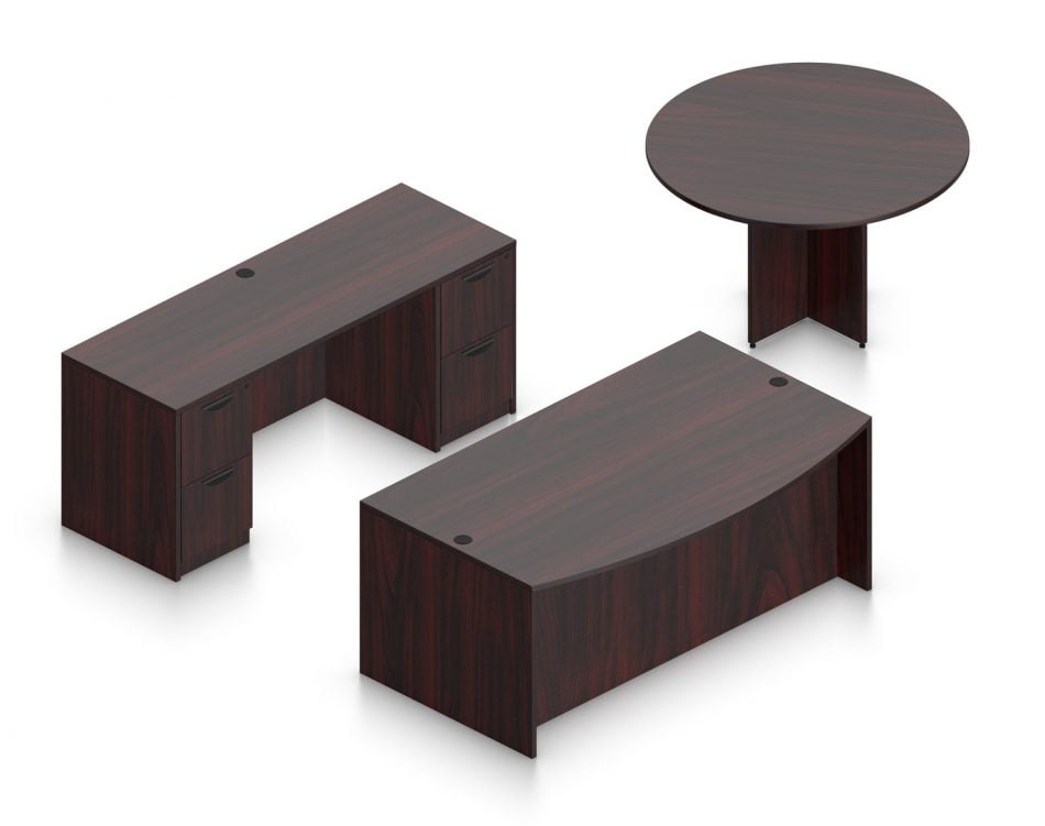 Orthographic view of an Offices to Go set of desks and tables, using Layout G. This set consists of a 71" bowed front style desk and a 48" round table to the side. A pair of file drawers are at each side, within a credenza at the back. This set is shown with the American Mahogany laminate finish.