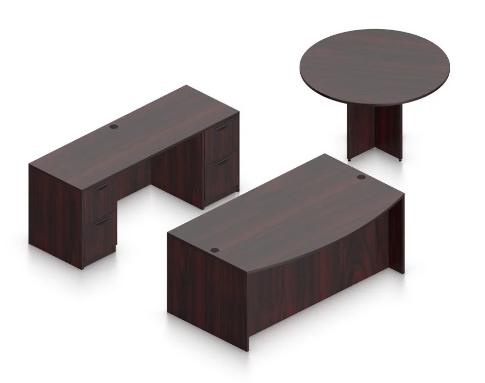 Orthographic view of an Offices to Go set of desks and tables, using Layout G. This set consists of a 71" bowed front style desk and a 48" round table to the side. A pair of file drawers are at each side, within a credenza at the back. This set is shown with the American Mahogany laminate finish.