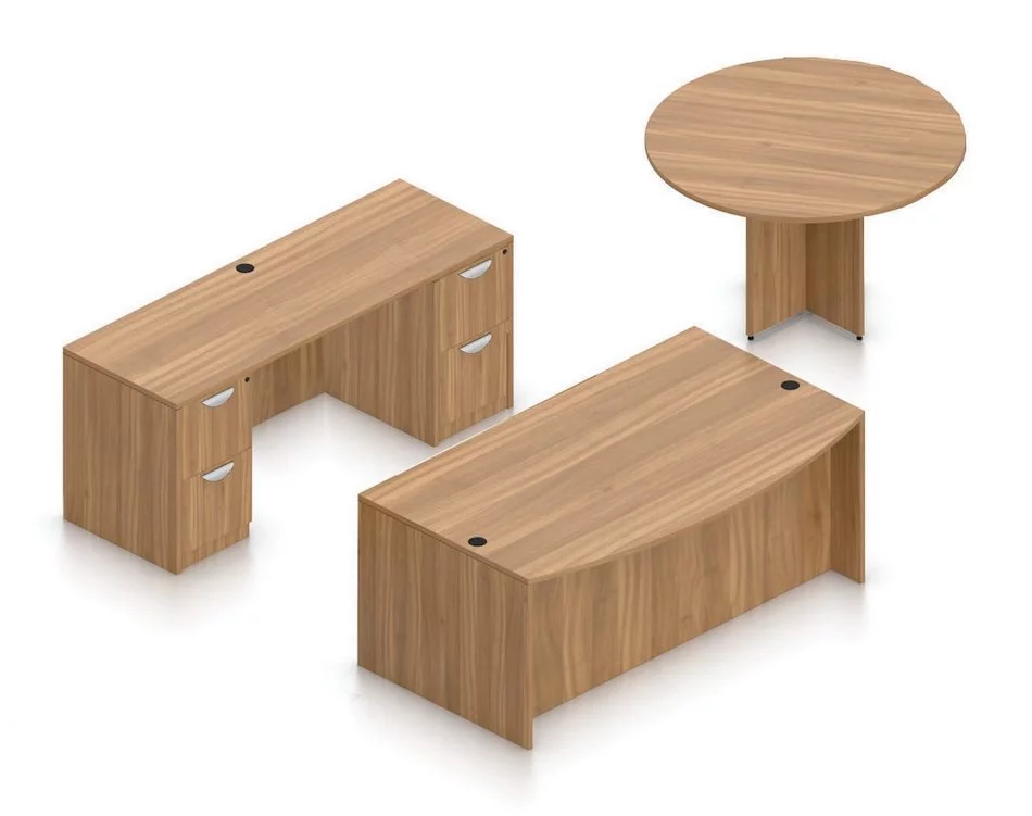 Orthographic view of an Offices to Go set of desks and tables, using Layout G. This set consists of a 71" bowed front style desk and a 48" round table to the side. A pair of file drawers are at each side, within a credenza at the back. This set is shown with the Autumn Walnut laminate finish.