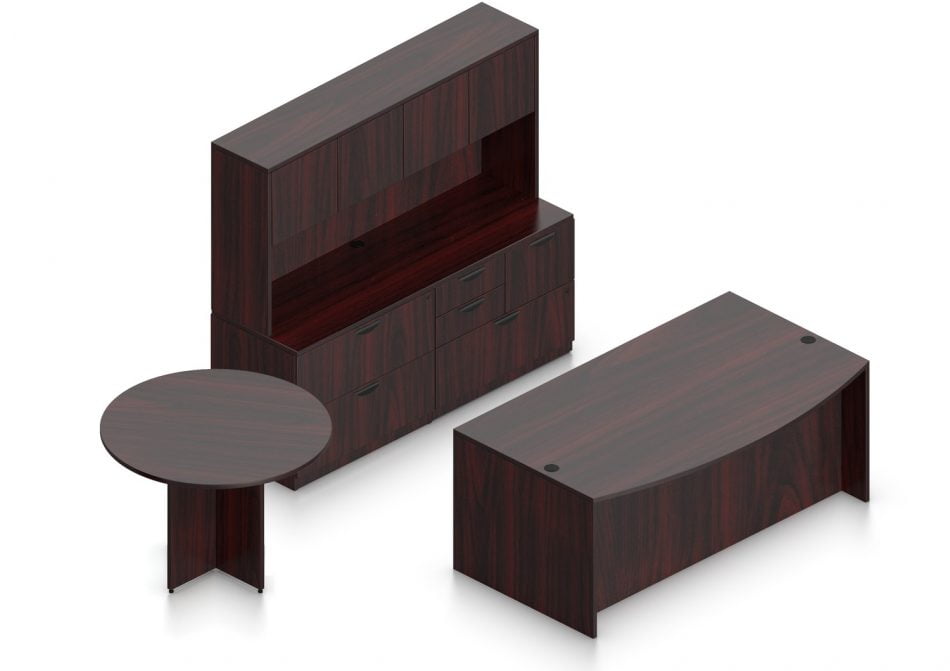 Orthographic view of an Offices to Go set of desks and table, using Layout H. This set consists of a 71" bowed front style desk, and a 42" round table. Two pedestal drawer sets are placed underneath the front desk. The cabinet behind it has three lateral file drawers, and a set of smaller sized drawers on one corner. A common countertop offers a work surface. The hutch above has two double doored cabinet storage areas. Layout H is shown here in an American Mahogany finish.