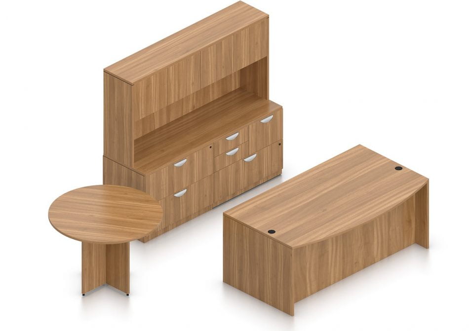 Orthographic view of an Offices to Go set of desks and tables, using Layout H. This set consists of a 71" bowed front style desk, and a 42" round table. Two pedestal drawer sets are placed underneath the front desk. The cabinet behind it has three lateral file drawers, and a set of smaller sized drawers on one corner. A common countertop offers a work surface. The hutch above has two double doored cabinet storage areas. Layout H is shown here in an Autumn Walnut finish.