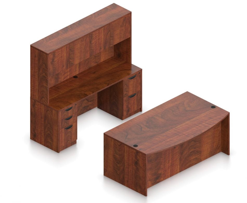 Orthographic view of an Offices to Go set of desking, using Layout I. This set consists of a 71" bowed front style desk and a matching width credenza behind. A three drawer pedestal is attached at the left side of the credenza, and a two drawer pedestal at the right. The hutch above has two double doored cabinet storage areas. This layout is shown with the American Dark Cherry laminate finish.