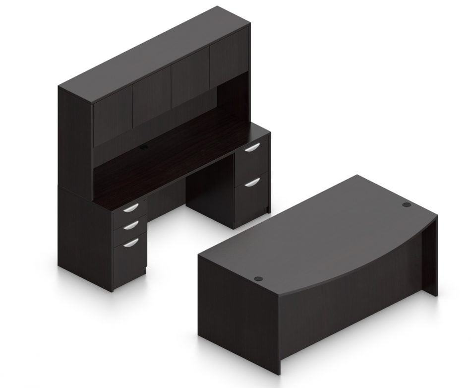 Orthographic view of an Offices to Go set of desking, using Layout I. This set consists of a 71" bowed front style desk and a matching width credenza behind. A three drawer pedestal is attached at the left side of the credenza, and a two drawer pedestal at the right. The hutch above has two double doored cabinet storage areas. This layout is shown with the American Espresso laminate finish.