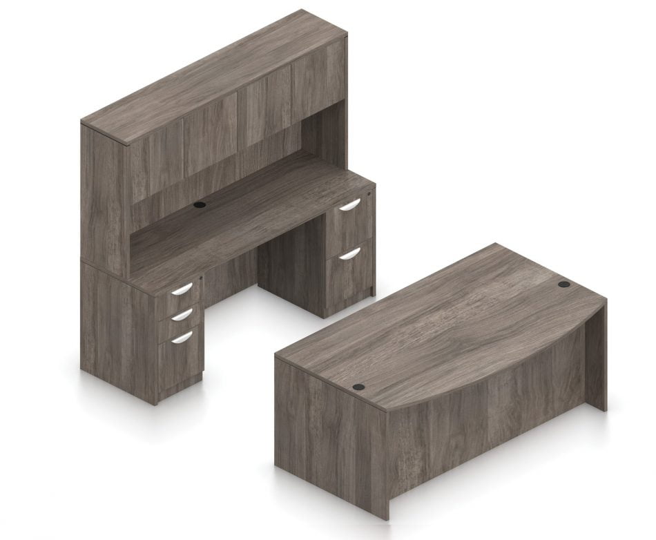 Orthographic view of an Offices to Go set of desking, using Layout I. This set consists of a 71" bowed front style desk and a matching width credenza behind. A three drawer pedestal is attached at the left side of the credenza, and a two drawer pedestal at the right. The hutch above has two double doored cabinet storage areas. This layout is shown with the Artisan Grey laminate finish.