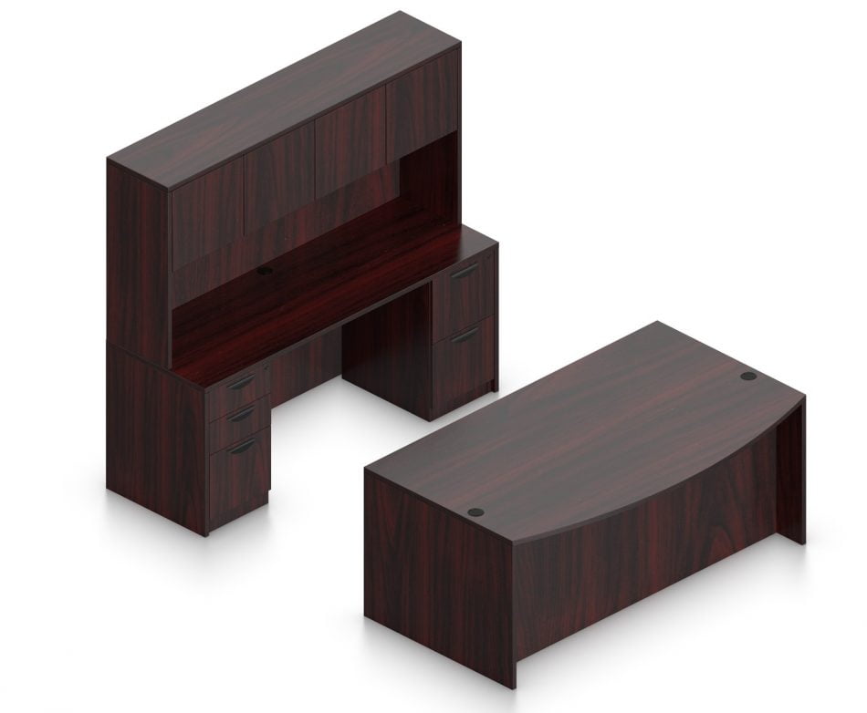 Orthographic view of an Offices to Go set of desking, using Layout I. This set consists of a 71" bowed front style desk and a matching width credenza behind. A three drawer pedestal is attached at the left side of the credenza, and a two drawer pedestal at the right. The hutch above has two double doored cabinet storage areas. This layout is shown with the American Mahogany laminate finish.