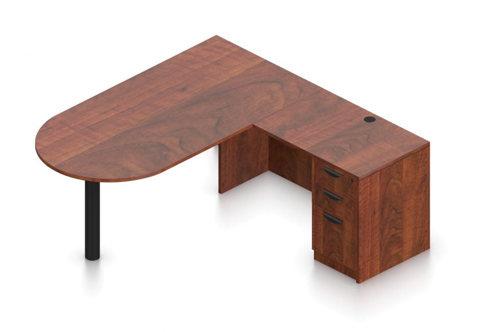 Orthographic view of an Offices to Go set of desking, using Layout K. This set consists of a 71" D-shape, held up by a thick post. At the side is a 36 inch wide return with a 3-drawer pedestal set of drawers. This layout is shown here in an American Dark Cherry finish.