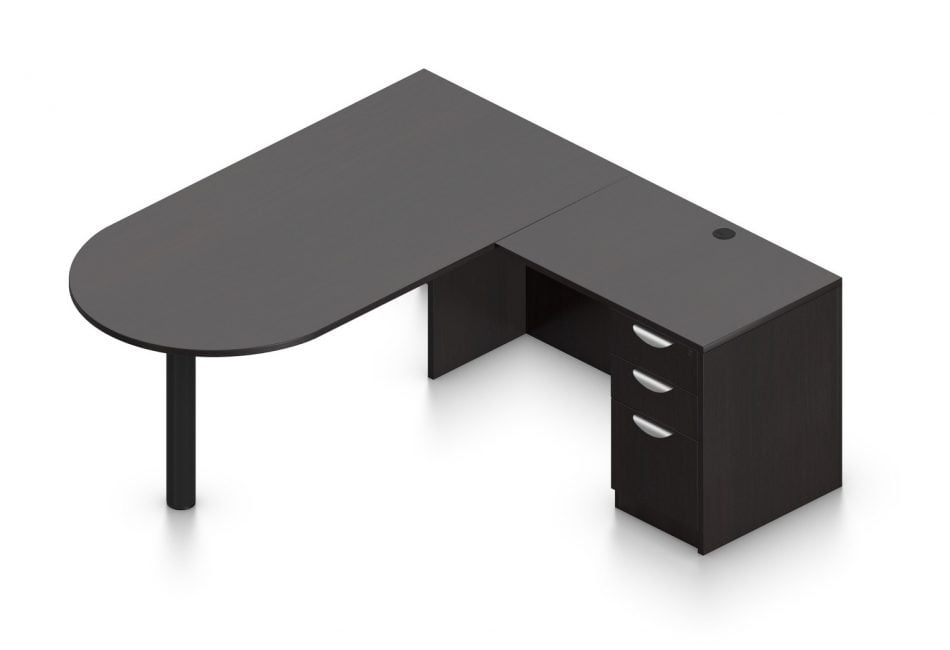 Orthographic view of an Offices to Go set of desking, using Layout K. This set consists of a 71" D-shape, held up by a thick post. At the side is a 36 inch wide return with a 3-drawer pedestal set of drawers. This layout is shown here in an American Espresso finish.
